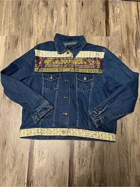 Agapo Vintage Tapestry Denim Jacket Womens XL Purple Gold Boho Western